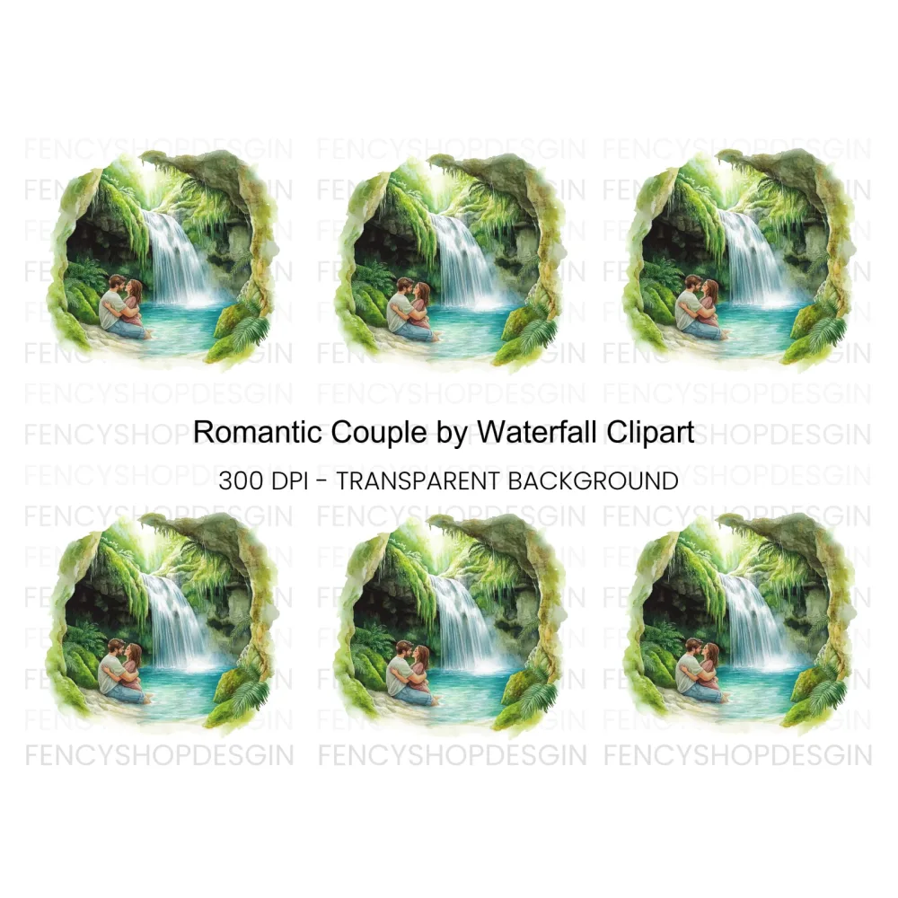 Romantic Couple Jungle Waterfall Clipart Bundle