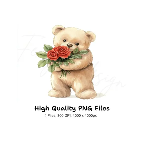 Sweet Teddy Bears with Red Roses Clipart Bundle