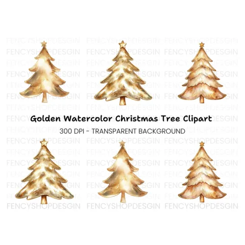 Golden Christmas Trees Clipart Bundle