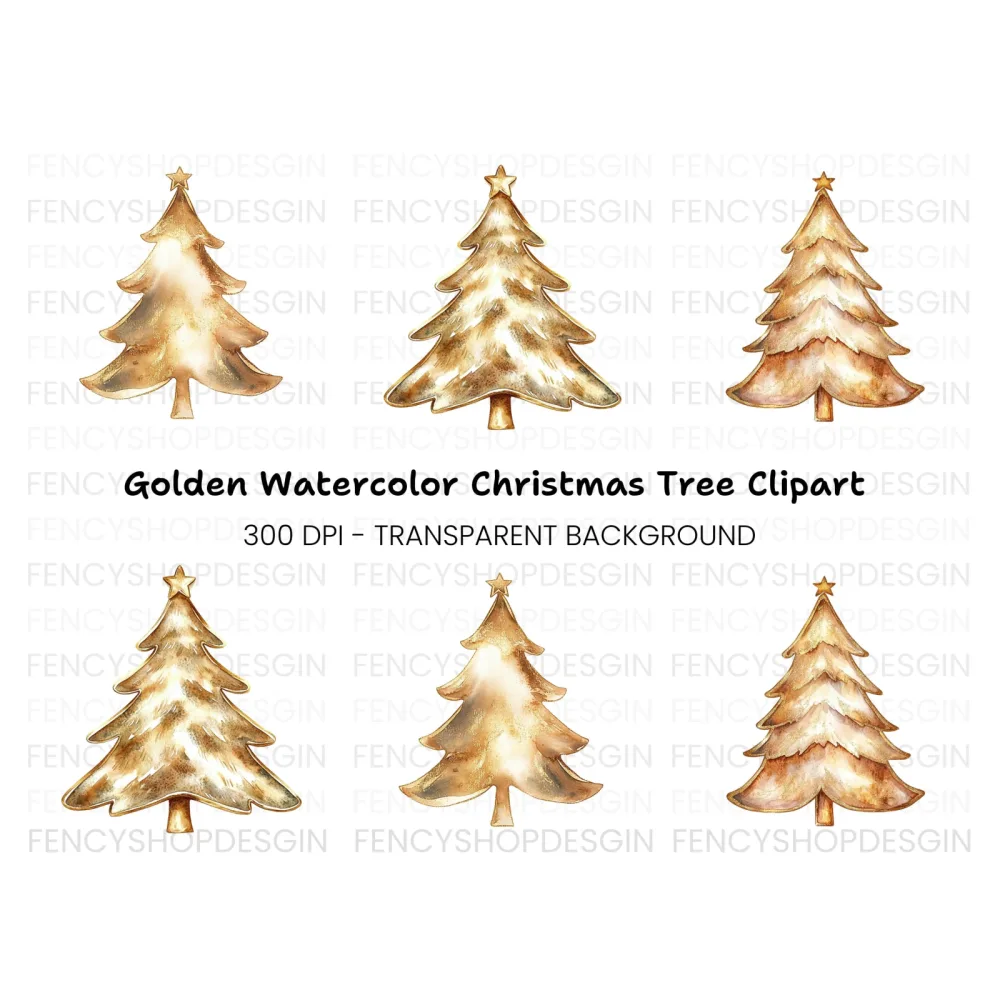 Golden Christmas Trees Clipart Bundle