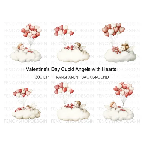 Cute Valentine Cupid with Heart Balloons Clipart Bundle