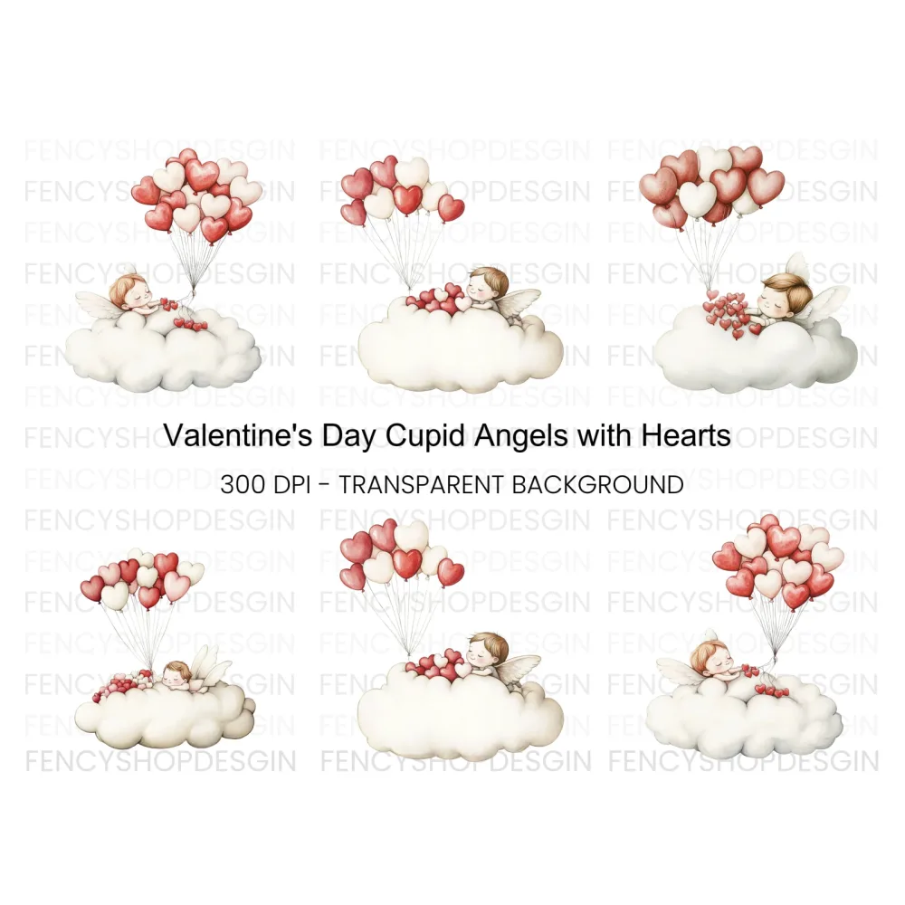Cute Valentine Cupid with Heart Balloons Clipart Bundle