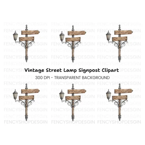 Vintage Wooden Signpost with Lantern Clipart Bundle