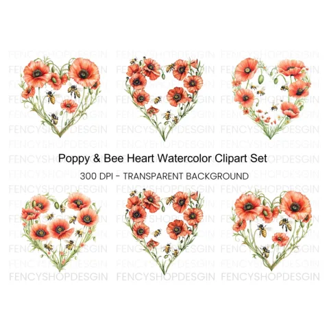 Poppy and Bee Heart Clipart Bundle