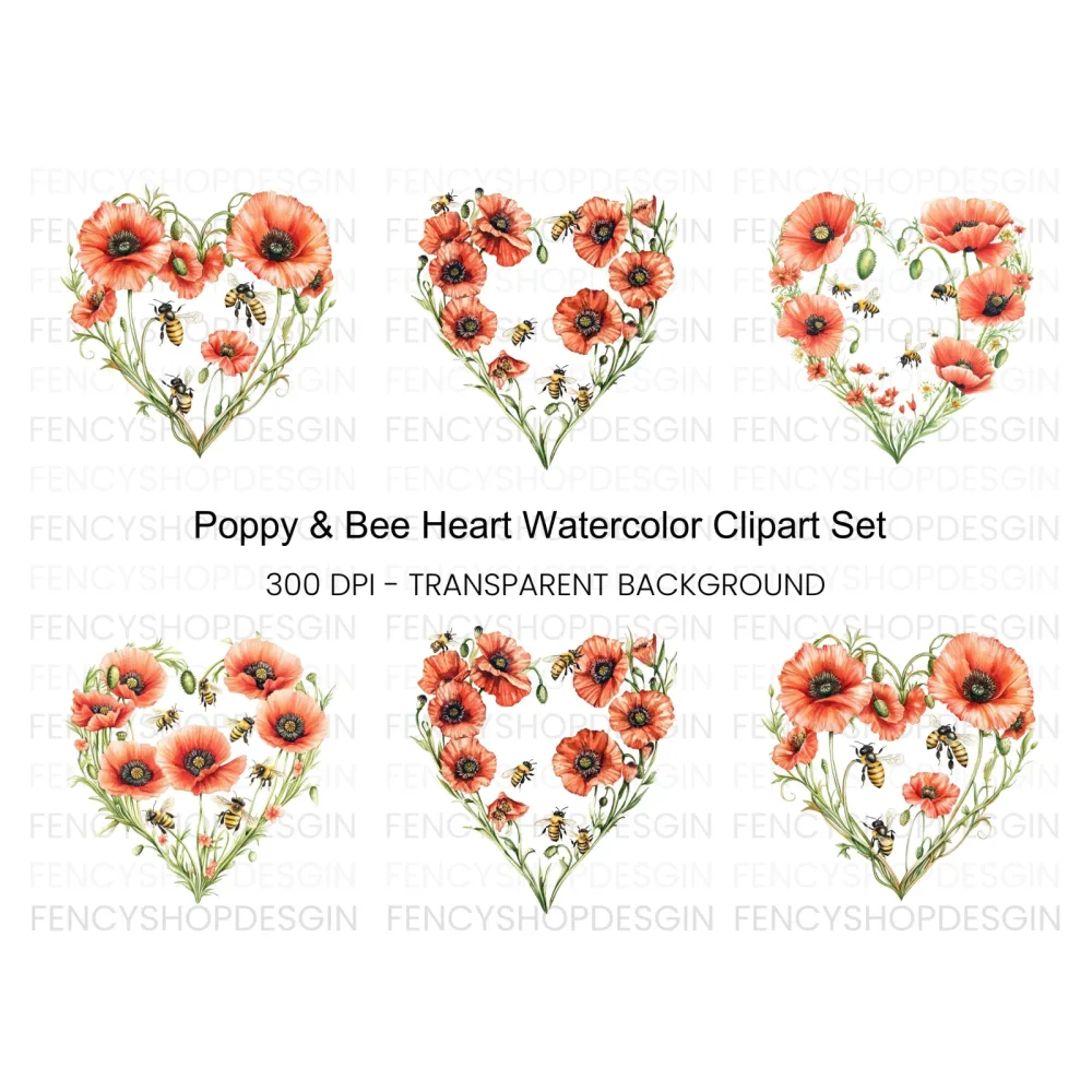 Poppy and Bee Heart Clipart Bundle