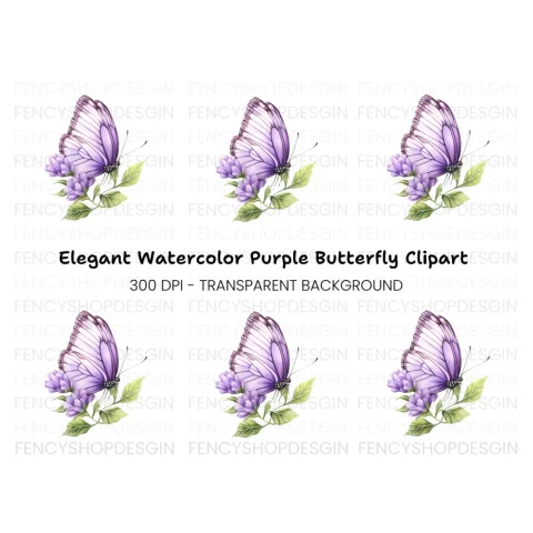 Purple Butterfly and Flowers Clipart Bundle