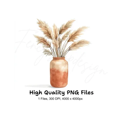 Boho Pampas Grass in Clay Pot Clipart Bundle