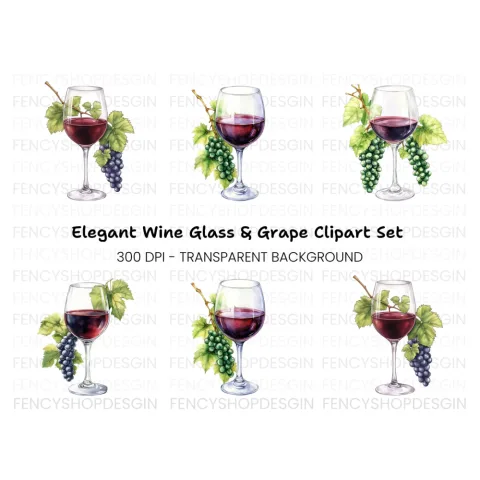Elegant Wine Glasses with Grapes Clipart Bundle