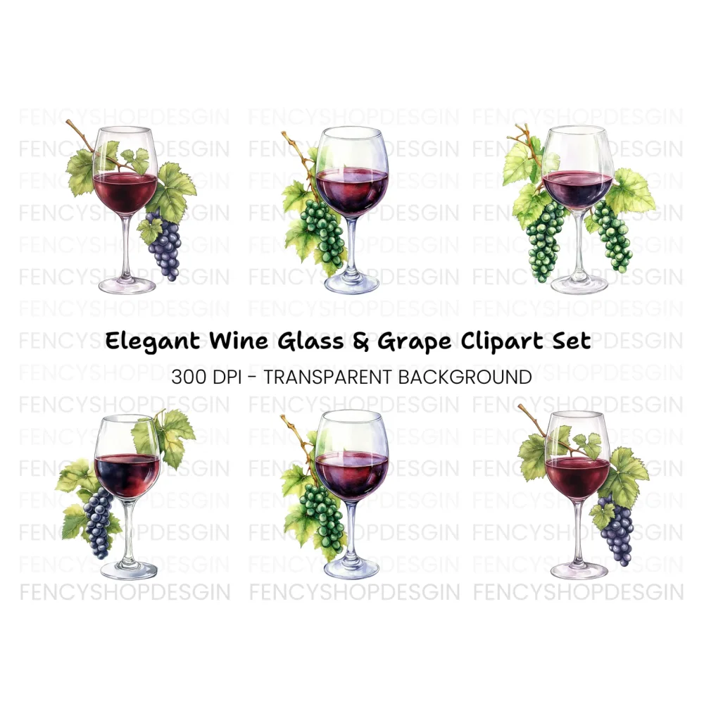 Elegant Wine Glasses with Grapes Clipart Bundle