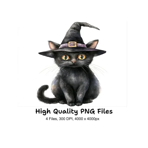 Cute Black Witch Cat Clipart Bundle