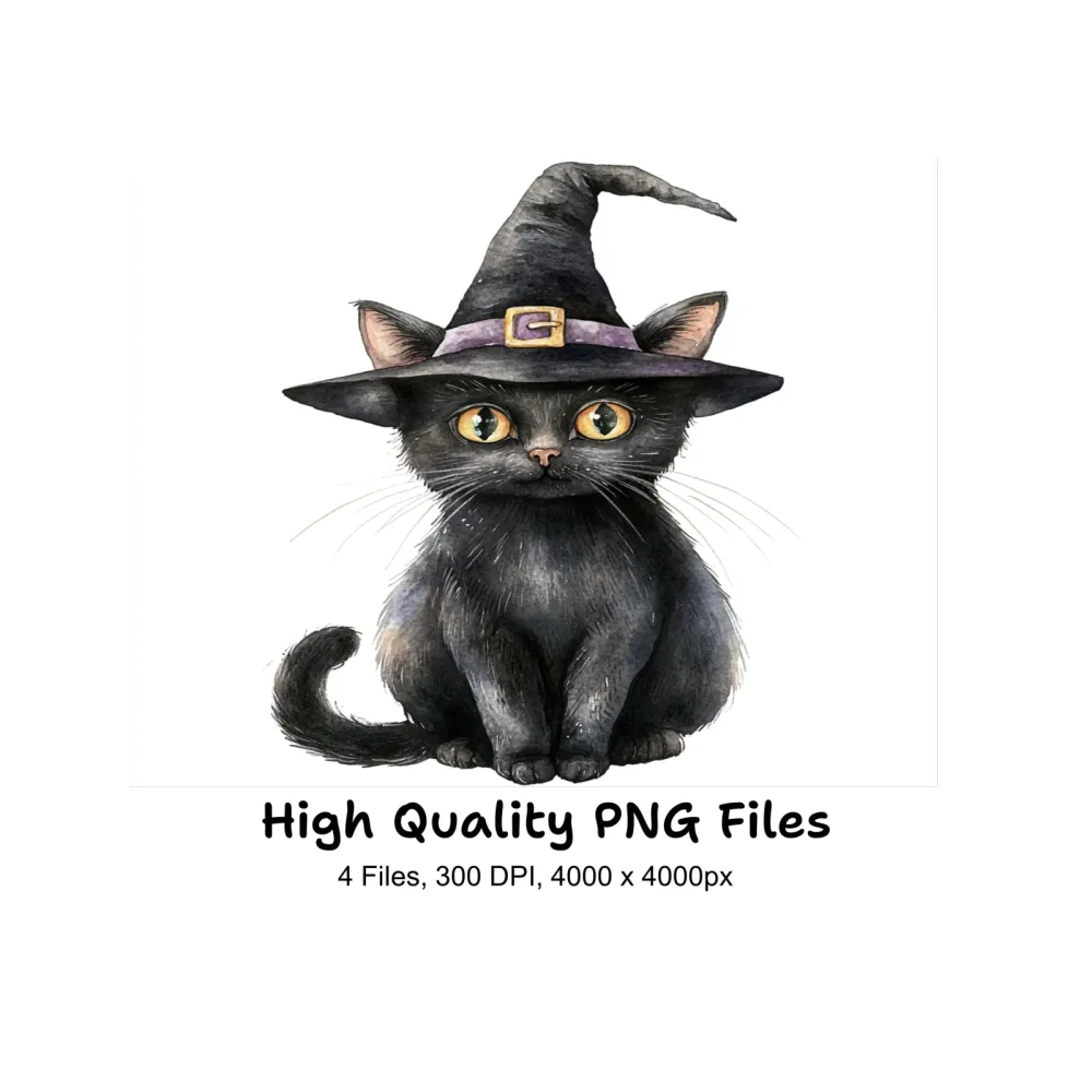 Cute Black Witch Cat Clipart Bundle