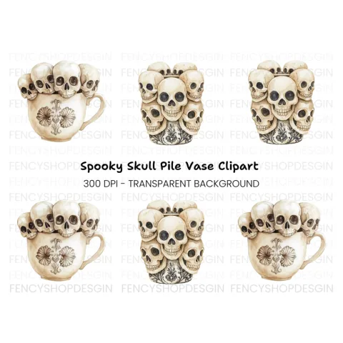 Skulls in Teacup Illustration Clipart Bundle
