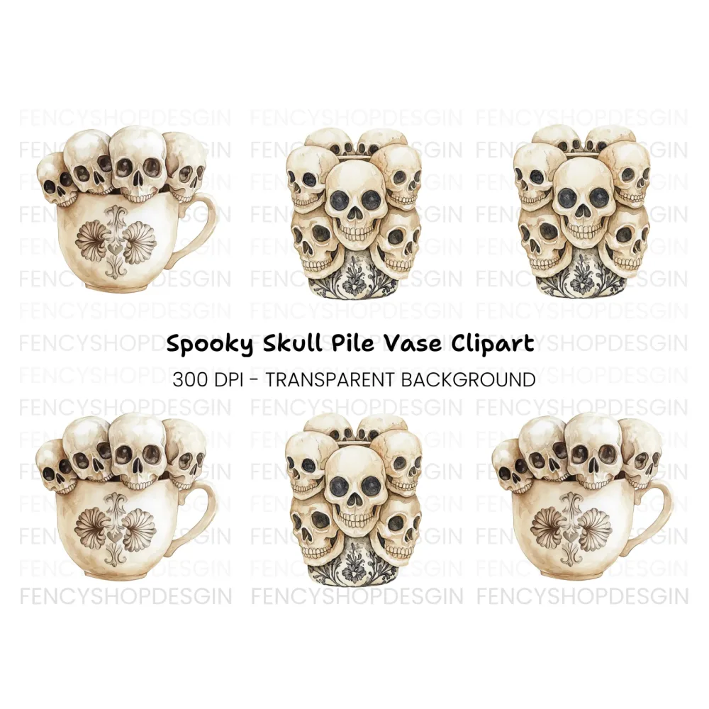 Skulls in Teacup Illustration Clipart Bundle