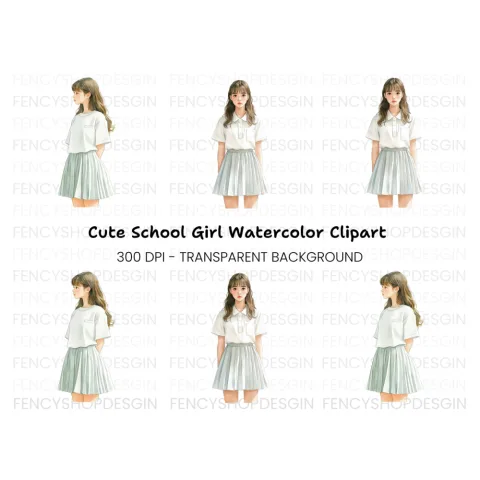 Cute Anime Girl in Pleated Skirt Clipart Bundle