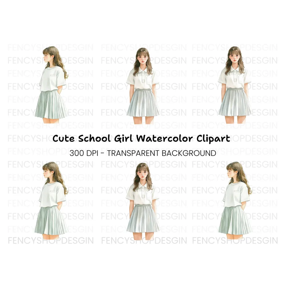Cute Anime Girl in Pleated Skirt Clipart Bundle