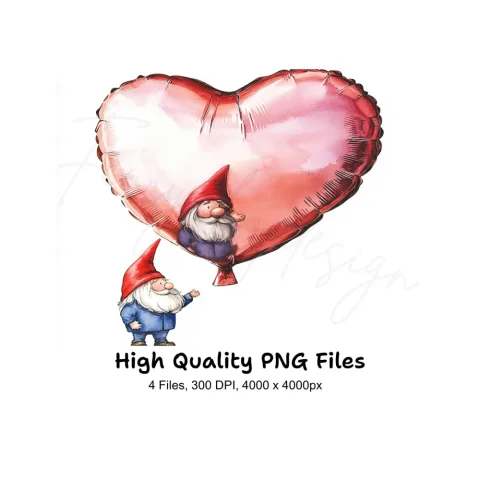 Valentine Gnomes with Heart Balloons Clipart Bundle