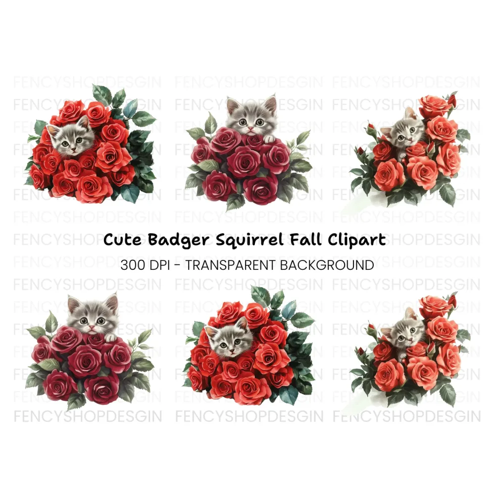 Cute Kitten and Red Roses Clipart Bundle