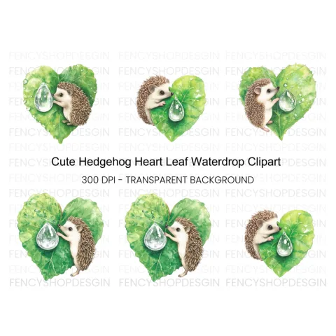 Cute Hedgehogs on Heart Leaves Clipart Bundle