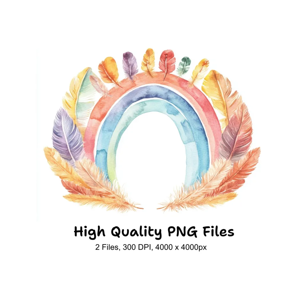 Boho Rainbow Feathers Clipart Bundle