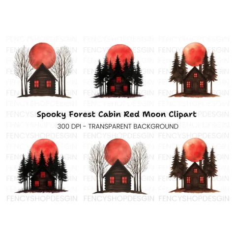 Spooky Cabins Under Blood Moon Clipart Bundle