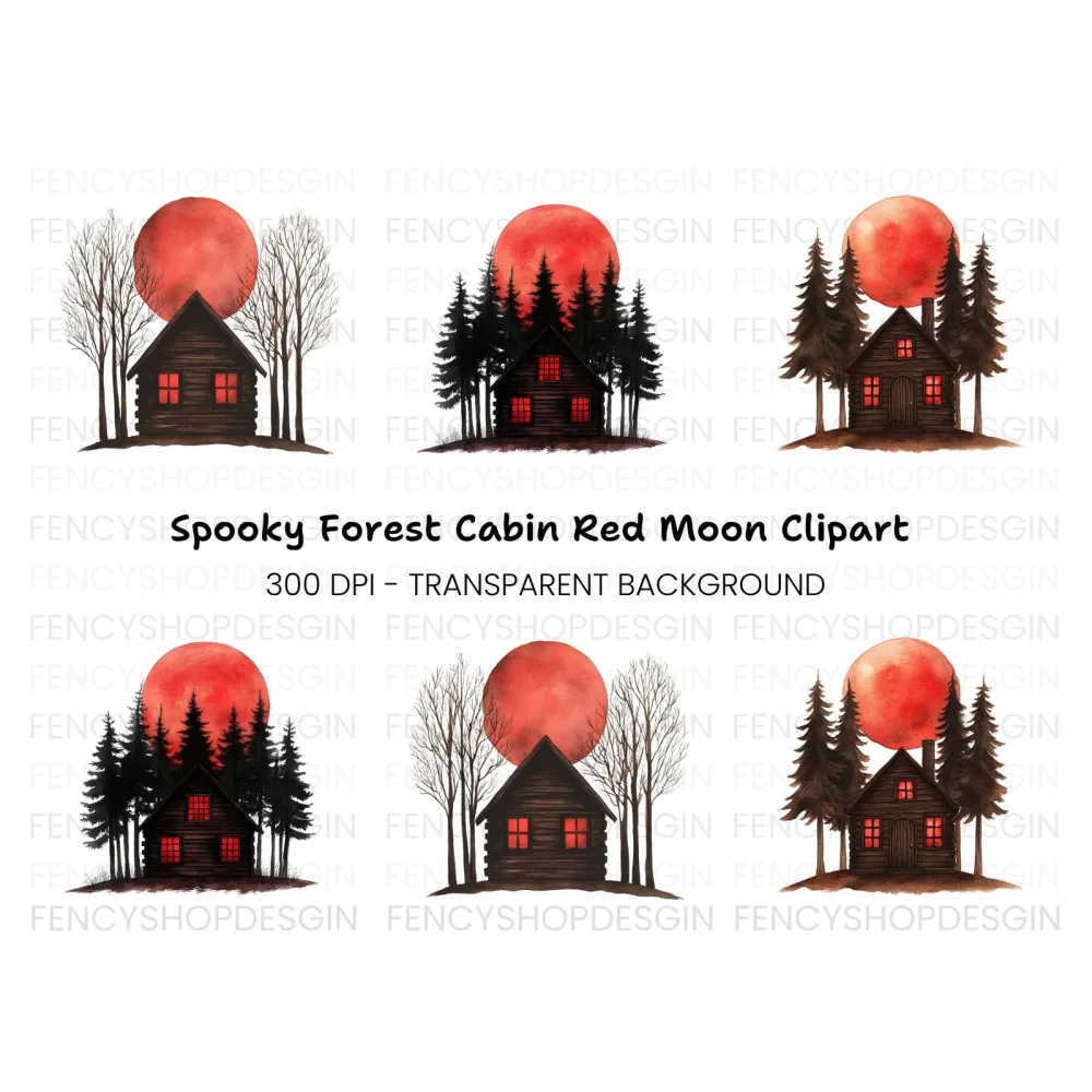Spooky Cabins Under Blood Moon Clipart Bundle