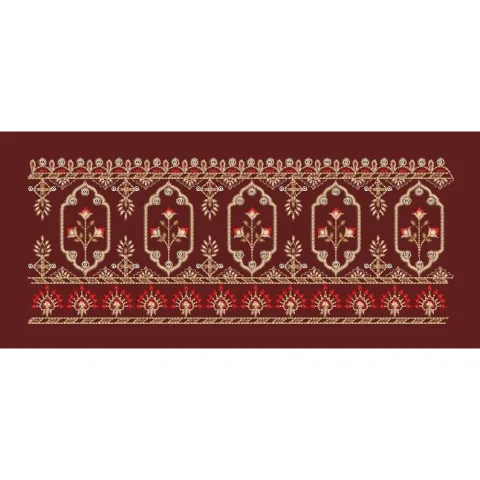 Maroon Mughal Arch Floral Panel Border Maroon & Antique Gold Embroidery Design
