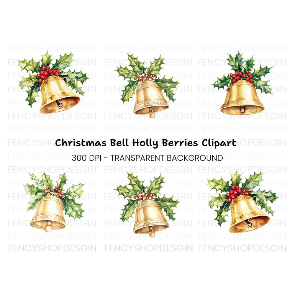 Christmas Bells and Holly Clipart Bundle