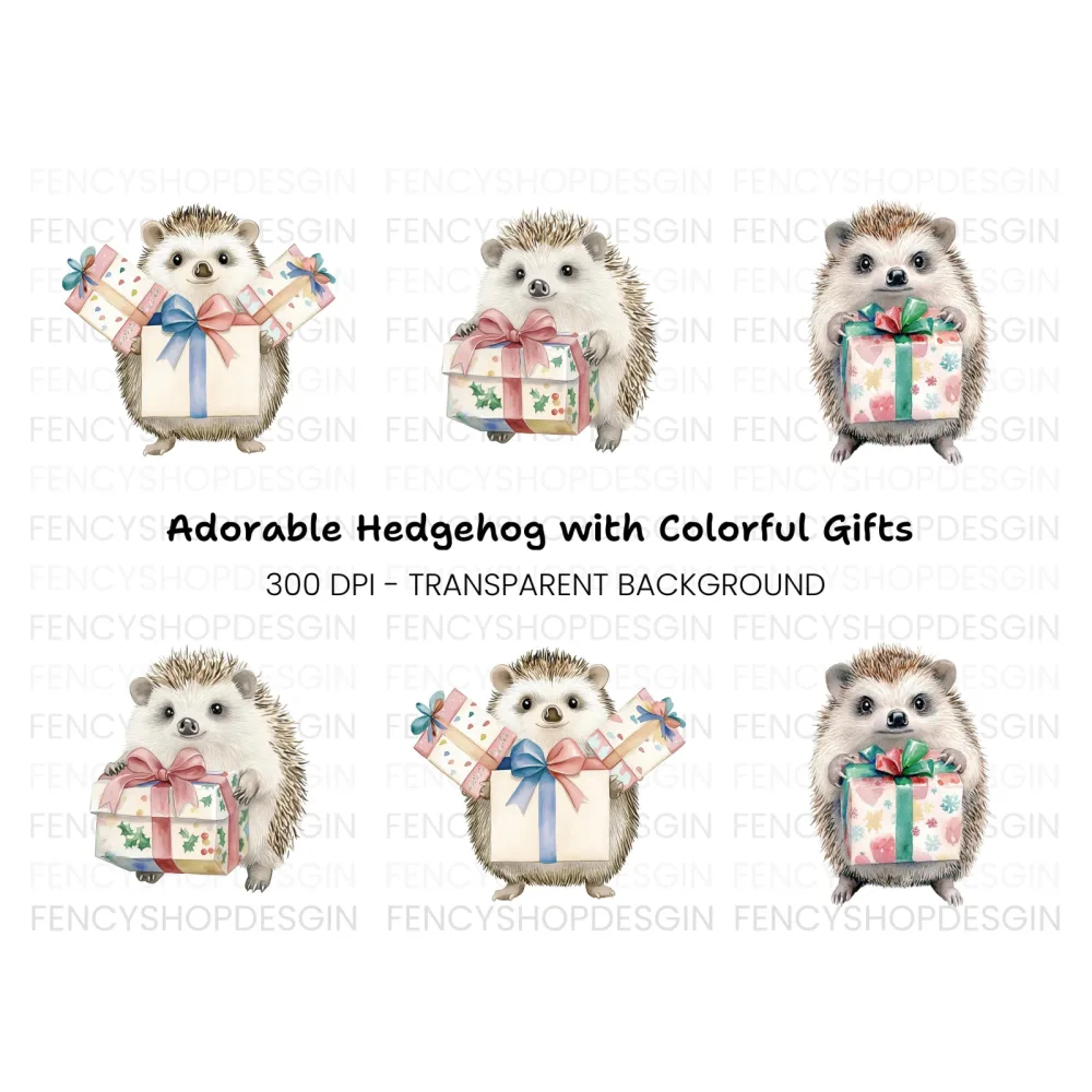 Cute Hedgehog Christmas Gift Clipart Bundle