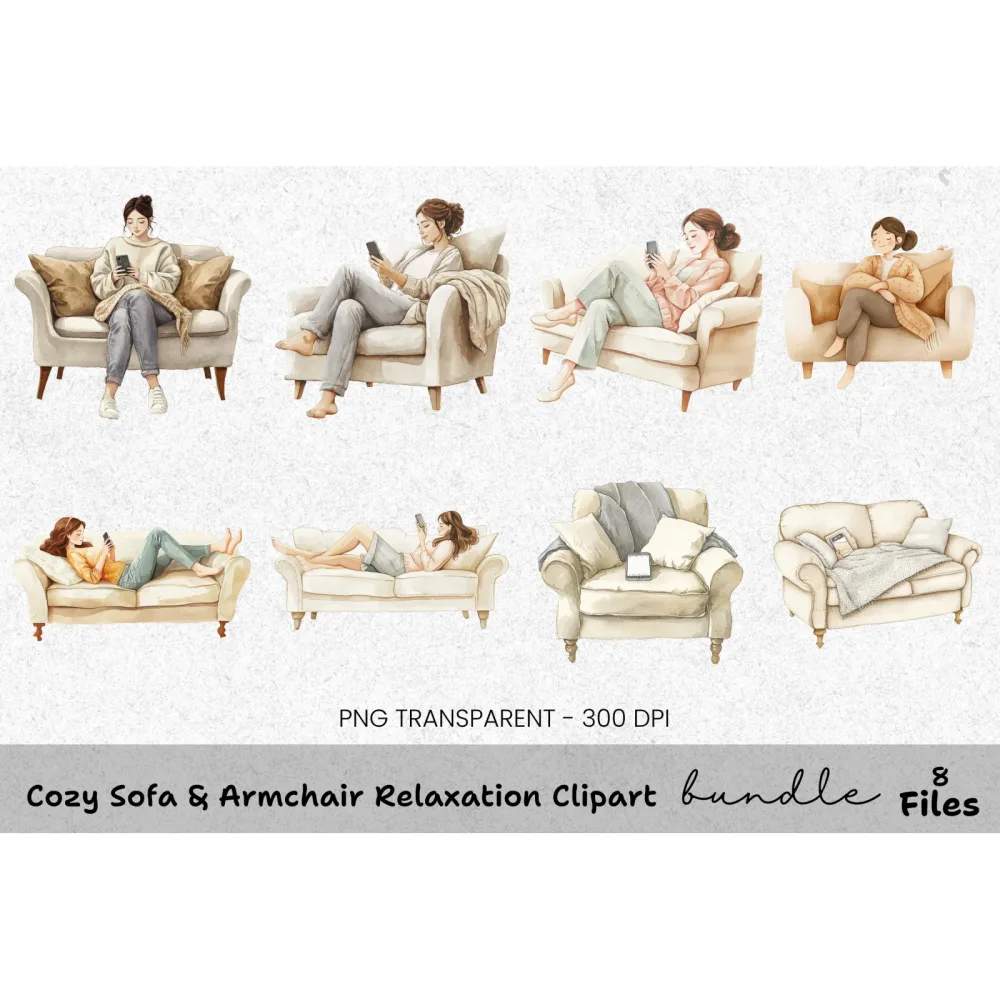 Cozy Sofa Armchair Relaxation Clipart Bundle