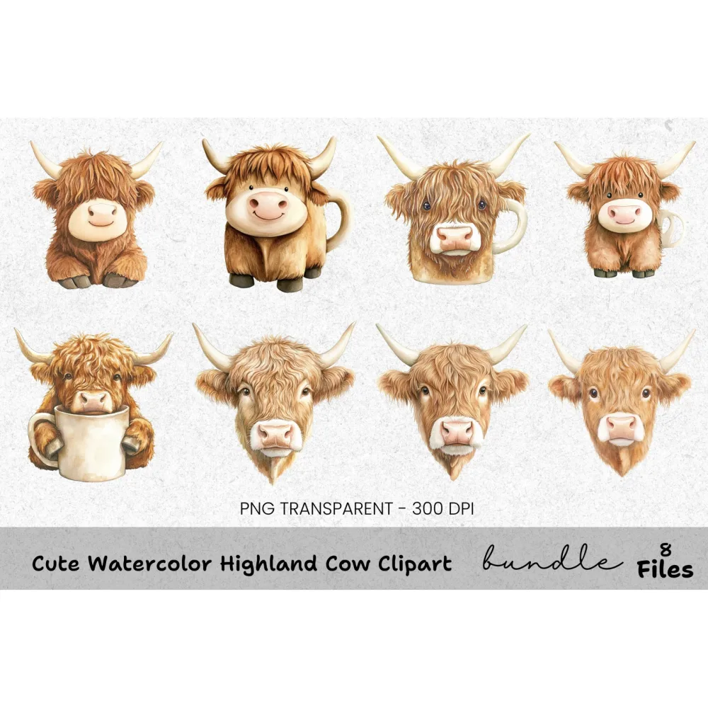 Cute Highland Cow Clipart Bundle