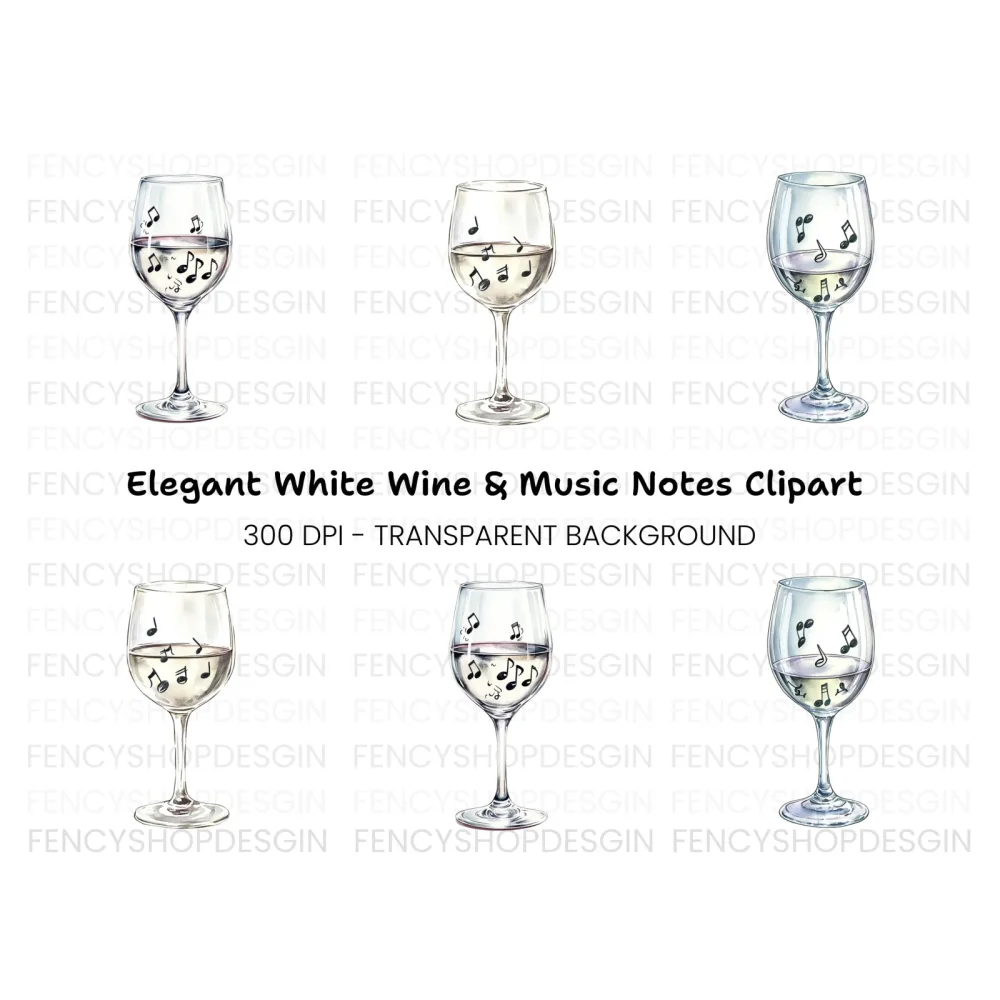 Wine Glasses with Musical Notes Clipart Bundle