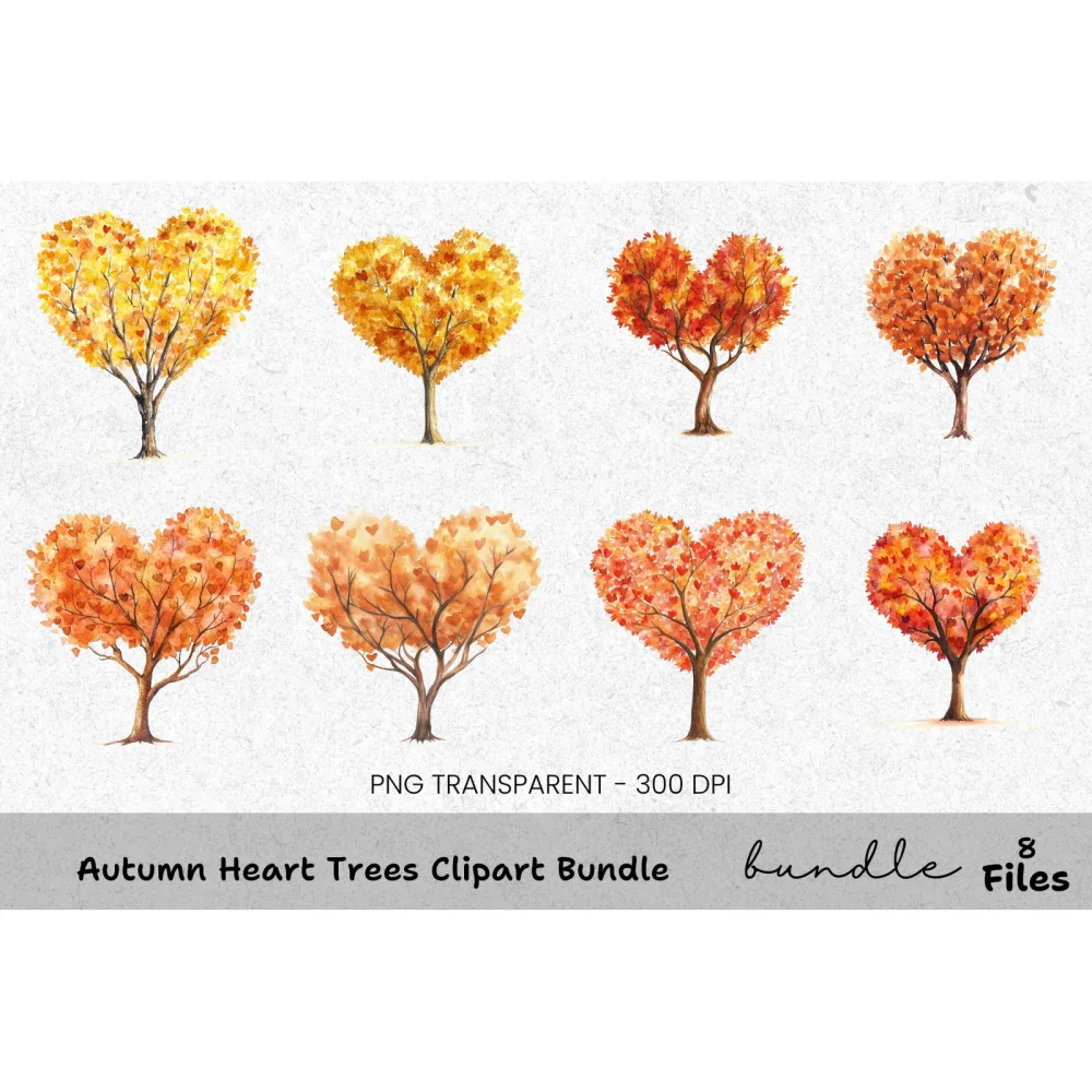 Autumn Heart Trees Clipart Bundle