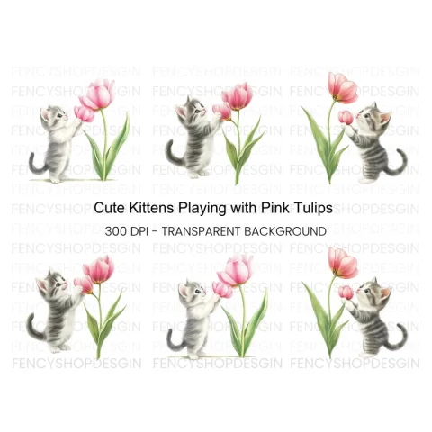 Cute Kitten with Pink Tulip Clipart Bundle