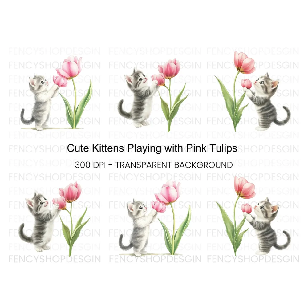 Cute Kitten with Pink Tulip Clipart Bundle