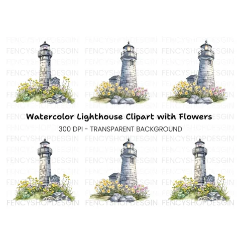 Stone Lighthouse with Flowers Clipart Bundle