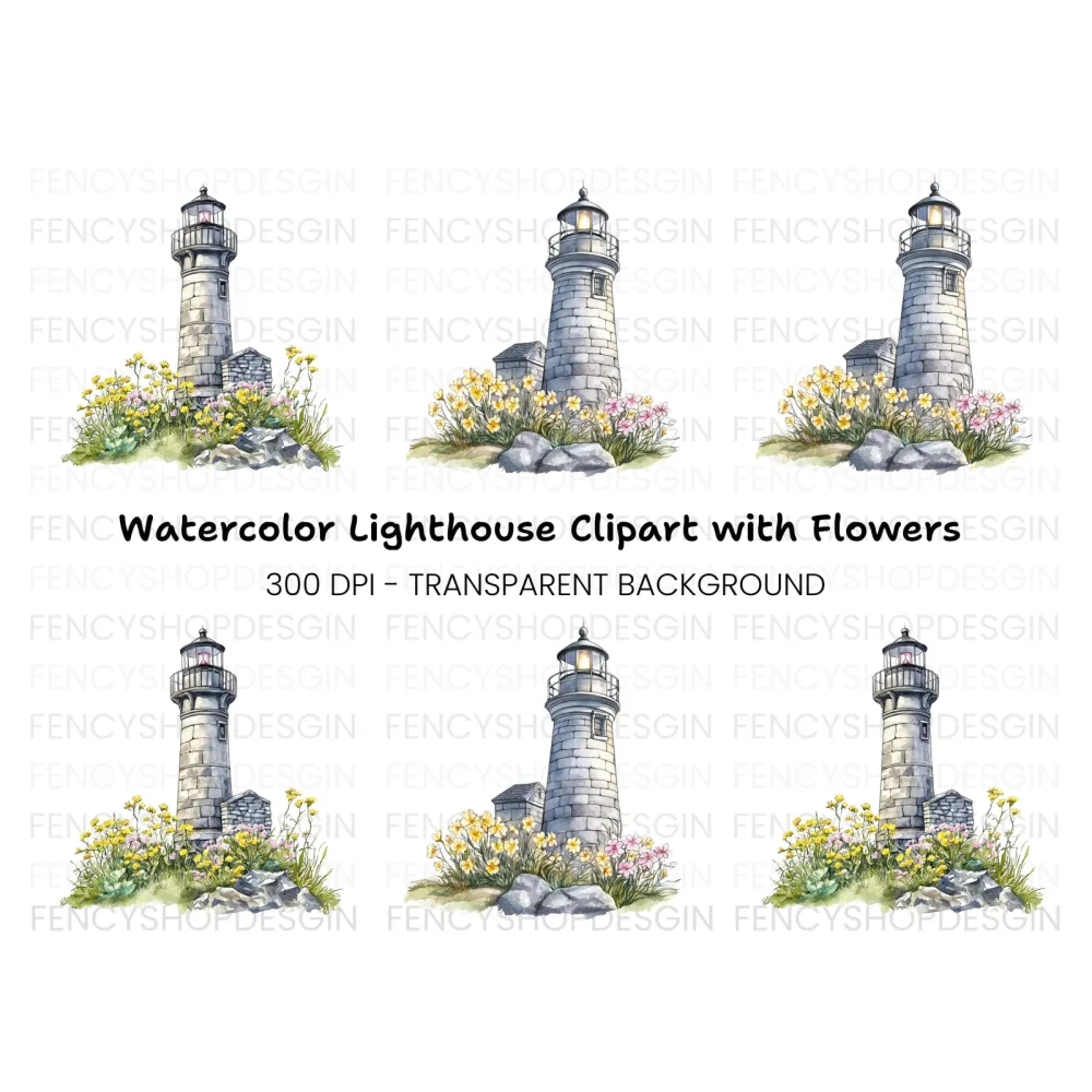 Stone Lighthouse with Flowers Clipart Bundle