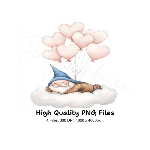 Sleeping Gnome on Cloud with Balloons Clipart Bundle