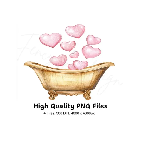 Golden Bathtubs with Pink Hearts Clipart Bundle