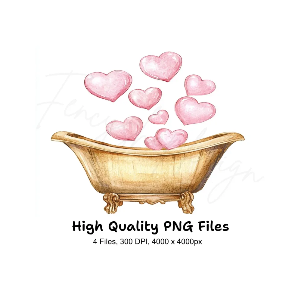 Golden Bathtubs with Pink Hearts Clipart Bundle