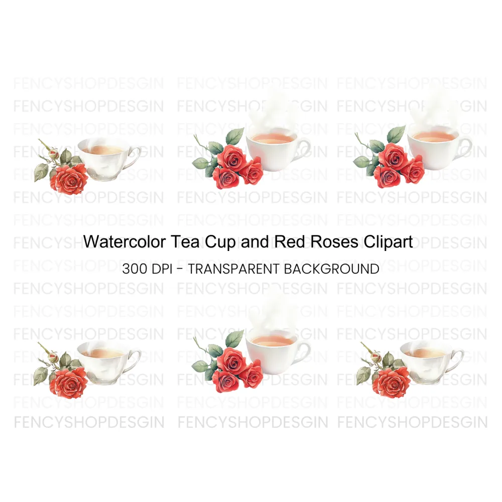 Elegant Tea Cup with Red Roses Clipart Bundle