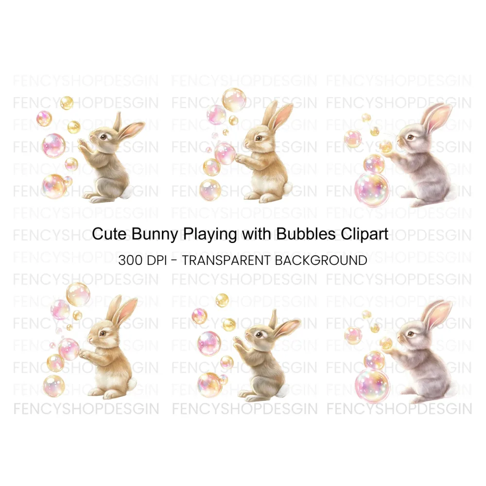Cute Bunny Playing With Bubbles Clipart Bundle
