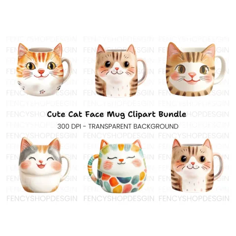 Cute Cat Mugs Clipart Bundle