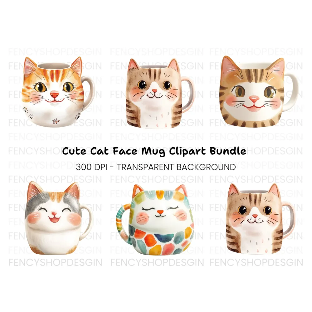 Cute Cat Mugs Clipart Bundle