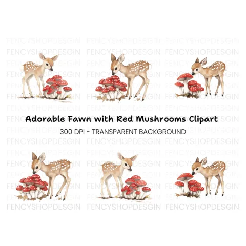 Baby Deer and Red Mushrooms Clipart Bundle