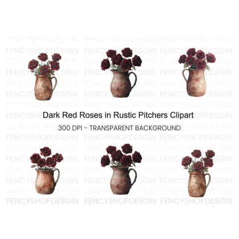 Dark Red Roses in Rustic Pitchers Clipart Bundle