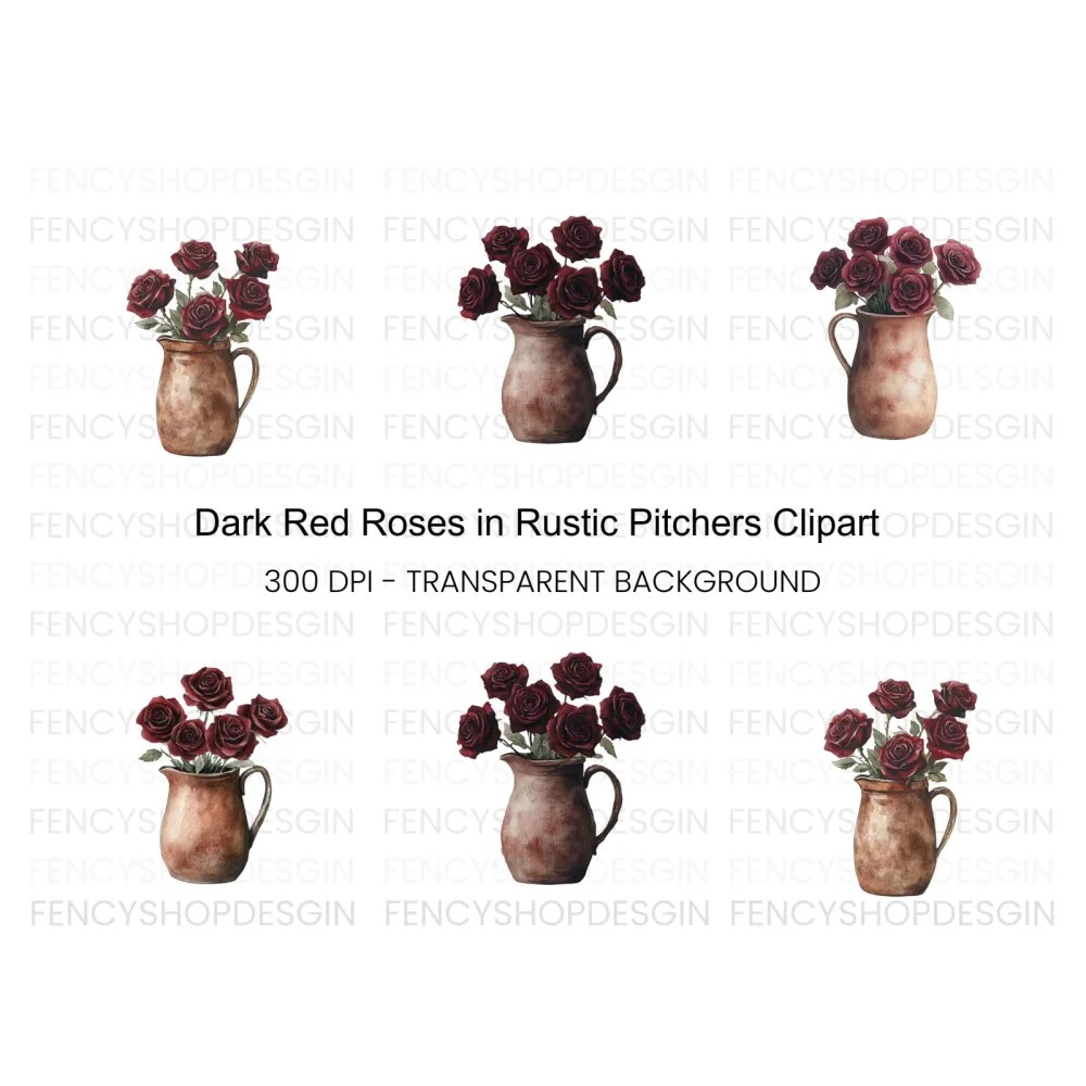 Dark Red Roses in Rustic Pitchers Clipart Bundle