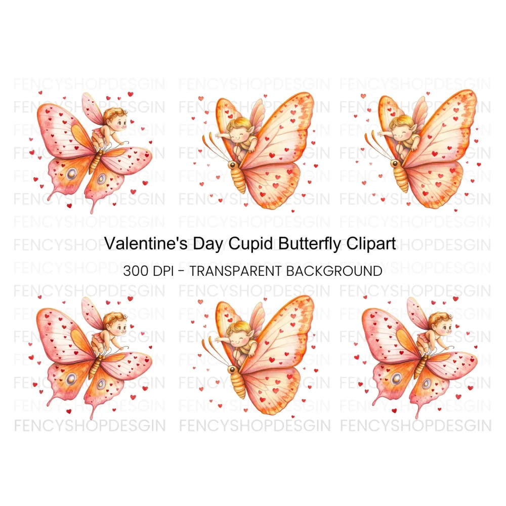 Cute Cupid Riding Butterfly Clipart Bundle