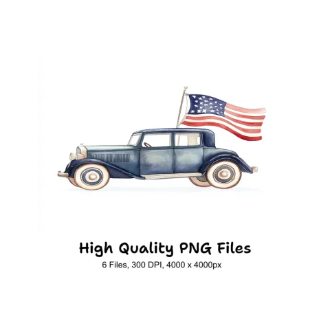 Vintage Cars with American Flag Clipart Bundle