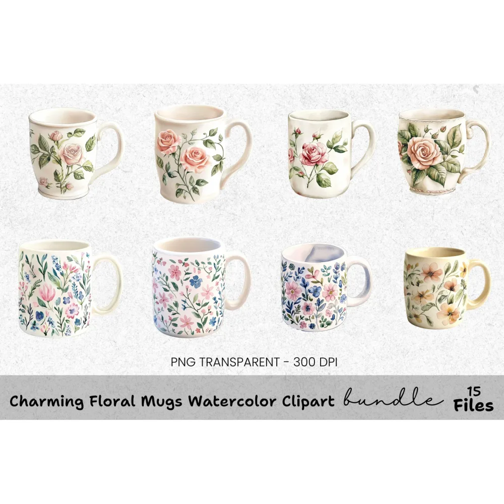 Charming Floral Mugs Clipart Bundle