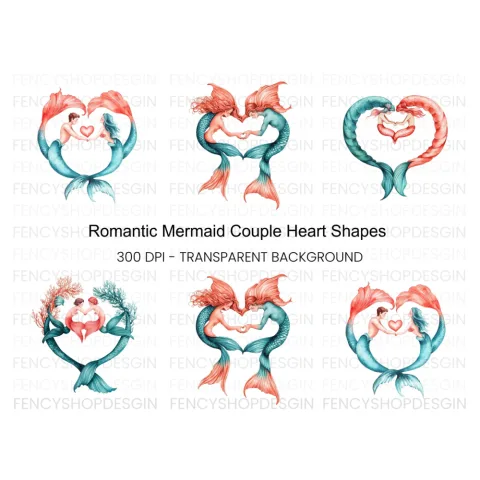 Romantic Mermaid Heart Couple Clipart Bundle